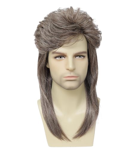 Image of 80s Mullet Wig for Men - Retro 70s 80s Disco Rocker Curly Punk Fancy Dress Halloween Cosplay Costume Wig (Light Brown)