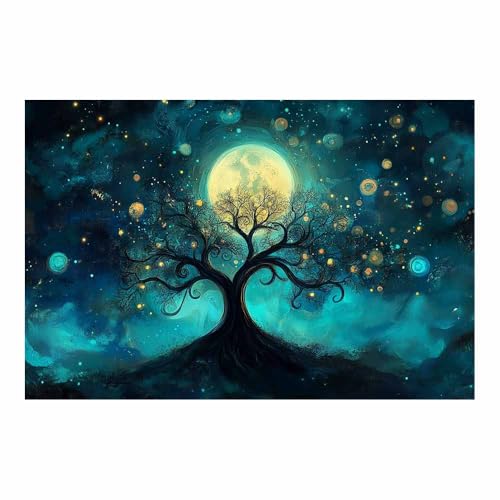 Tableau arbre de vie moderne bleu 60x90cm, impression décoration murale salon et salle de bain