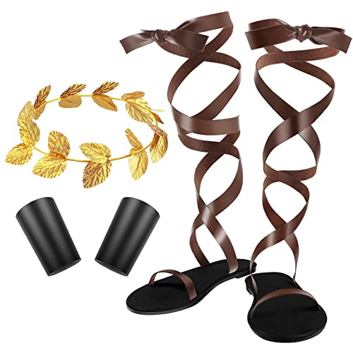 SATINIOR 3 PCS Halloween Men's Toga Roman Sandals Accessory Gold Laurel Head Wreath Wristband Set Leaf Crown Sandals Wristband
