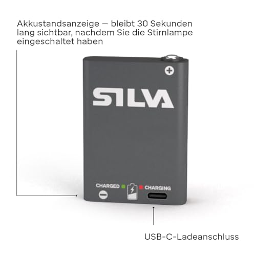 Silva Wiederaufladbarer Akku – Hybrid Battery 1,25Ah – Wiederaufladbar über USB-C – Wasserfest IPX5-25 g - Batteriestandanzeiger – Passend für alle Silva-Modelle mit Hybrid-Technologie