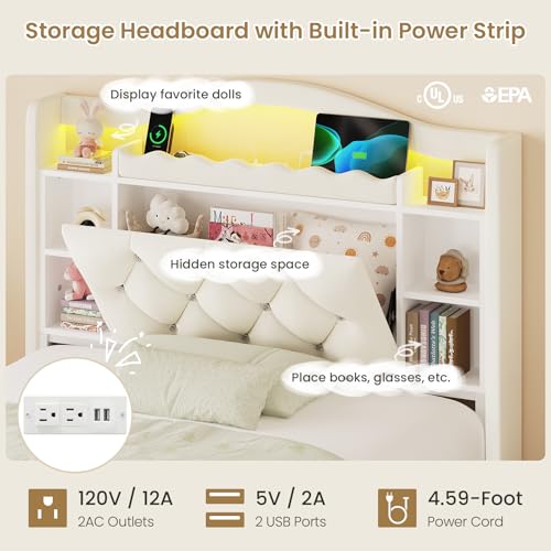 Image of DICTAC Twin Size Bed Frame for Kids with Storage Drawers, Bookcase Headboard, LED Lights and Power Outlets, Diamond Tufted Velvet Upholstered Princess Platform Bed, Heavy-Duty Metal Support, Beige