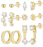 6 Pairs 14K Gold Plated Stud Earrings for Women, Hypoallergenic Cuff Cartilage Earrings for Multiple Piercing, Dainty Small Stackable Earrings Set Jewelry Set