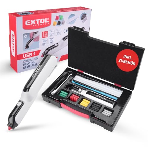 Extol Premium Klebestift mit Akku I kabelloser Heißklebestift für Bastelarbeiten & Reparaturen I schnelles Aufheizen & präzise Anwendung I über USB-C aufladbar I inkl. bunter Klebestifte
