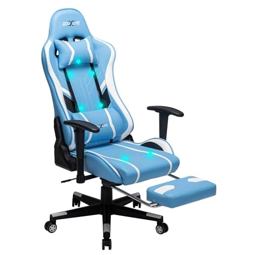 Douxlife Massage Gaming Chair 7-Point, Office Chair with Footrest and Lumbar Support, Adjustable Seat Height Ergonomic, Thickened and Widened Cushions Backrest, Light Blue