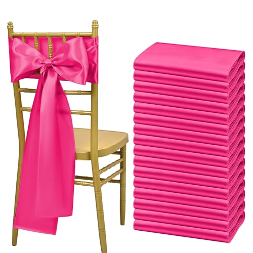 Showgeous 60 PCS Hot Pink Satin Chair Sashes Bows Decoration Cover Ties for Banquet Party Baby Shower Event Decorations (Hot Pink, 7 x 108 inch)