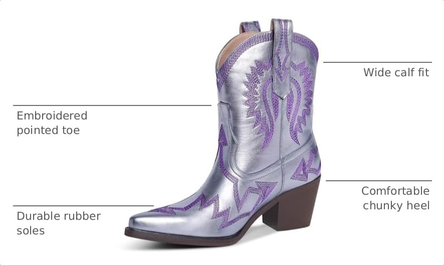Image of HOCHFART Western Boots for Women Metallic Embroidered Pointed Toe Cowgirl Boots Chunky Heel Pull-On Short Cowboy Boots Wide Calf Country Ankle Boots