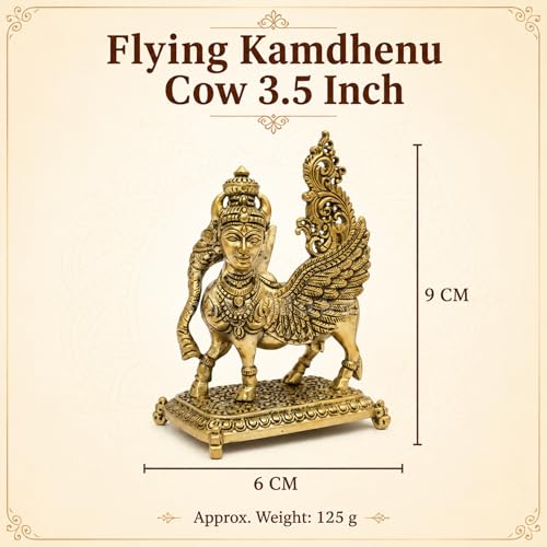 Image of Brass Flying Kamdhenu Cow Idol, Vastu Remedy for Prosperity (9 cm, 125 g)