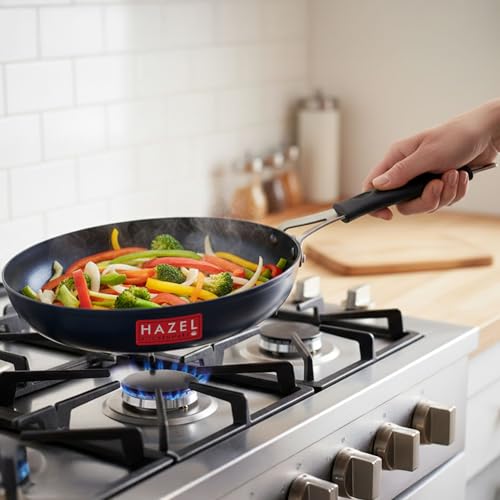 Image of HAZEL Traditional Lokhand Fry Pan | Heavy Duty Iron Skillet | 22 cm, 1.2 Litre | Induction & Gas Stove Compatible | Pre-Seasoned Black Iron Pan