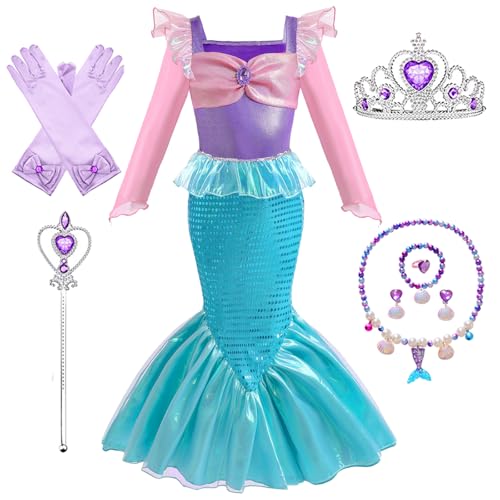 Kosplay Niñas Disfraz de Princesa Sirena con Peluca y Accesorios Vestido de Ariel Princesa Vestido de Sirena Cumpleaños Fiesta Navidad Halloween Carnaval Cosplay Vestirse Chica 100-150