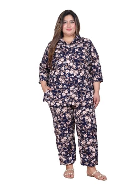 Plus Size Poly crepe Floral Print Blue Co-ord Set-image-46
