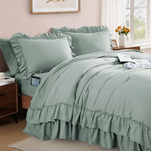 Image of Full Size Comforter Set Sage Green Ruffle 7 Pieces Farmhouse Bed in a Bag | Shabby Chic Fluffy All Season Bedding Sets with Sheets, Pillowcases & Shams