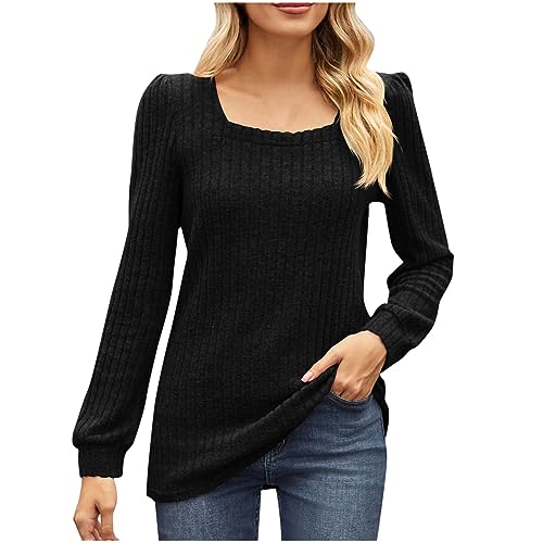 Womens Long Sleeve Square Neck Blouse Ribbed Knit Slim Fit