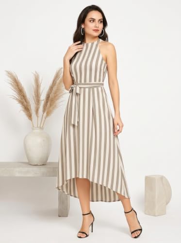 Image of Women Fit & Flare High Low Midi Dress | Sleeveless Round Neck One Piece Dress with Waist Tie Detail | Flowy Western Dress for Party and Casual Styling