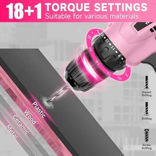 Image of Tegatok Cordless Drill Set,12V Power Drill Set with Battery and Charger, Electric Driver Drills Bits, 3 /8'' Keyless Chuck,18+1 Torque Setting with LED Electric Drills Set, Pink
