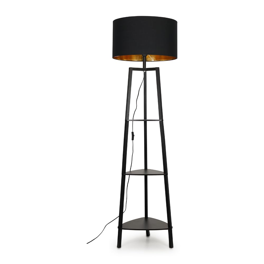 Minisun Black/Gold | Wooden 3 Tier Floor Lamp With Storage Shelves With A Shade | Floor Lamps & Torchieres, Home Décor & Improvement Essential | Includes 6W Gls Bulb