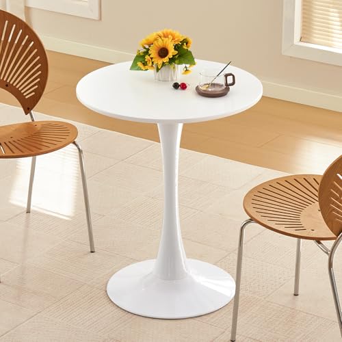 Hansweld Round Dining Table, 24" Circle Tulip Table with Thickened Tabletop & Metal Pedestal, Mid Century Modern Bistro Table for Kitchen, Small Places, Living Room, Cafe (White)