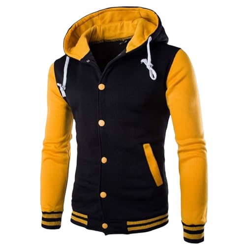 Men's Fashion Varsity Jacket Hoodie Causal Slim Fit Cotton Letterman Baseball Bomber Jackets with Hood for Men Yellow