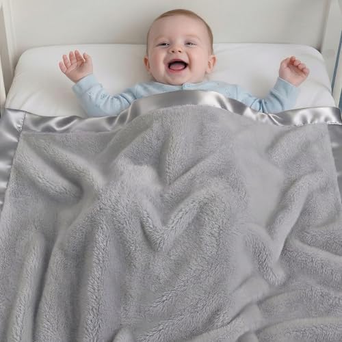 Image of Pro Goleem Fleece Baby Blanket with 2 Inch Satin Trim Soft Plush Blanket for Boys and Girls for Babies Grey,30''x40''