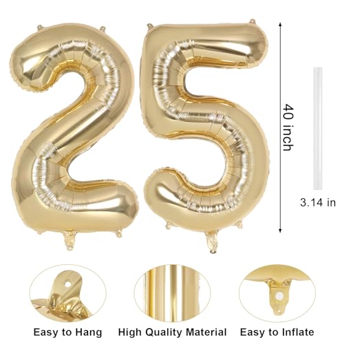 Image of Champagne Gold Large Number 25 Balloon, 40 Inch Light Gold Foil Helium Number Balloons, Giant Mylar Number 25 Balloons for 25 Years Old Birthday Party Anniversary Decorations (Champagne Gold 25)