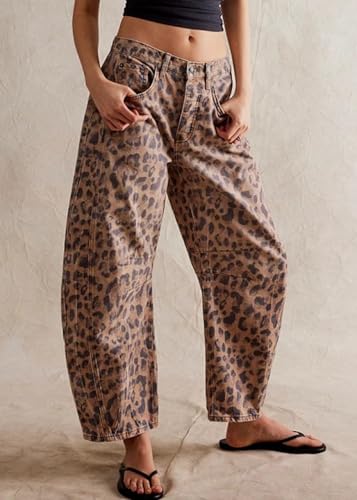 Womens Stretchy Mid Rise Barrel Jeans Vintage Loose Wide Leg Cropped Denim Pants Y2k Baggy Boyfriend Jeans2