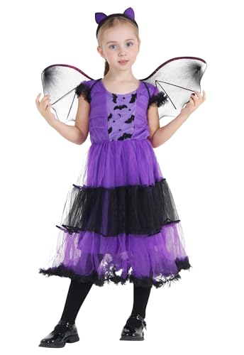GEMVIE Disfraz de Murciélago Bruja para Niños，Disfraz de Vampirina para Halloween Vestido de Fiesta con Ala de Diadema de Murciélago 3-12 años (4-6 años)