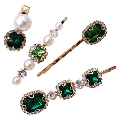 4PCS Vintage Green Crystal Pearl Gold Bobby Pins Decorative Hair Slides Clips Accessories Women Cover