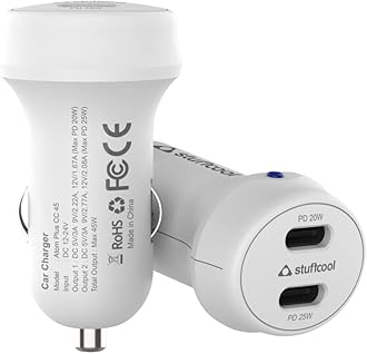 Stuffcool Atom Plus CC 45W Car Charger with PPS Type-C1 PD20W + Type-C2 PD25W Type-C Ports Supports PD protocols to Fast Charge All Devices Like Apple, Google, LG, Samsung