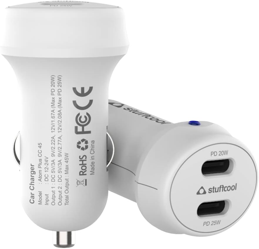 Stuffcool Atom Plus CC 45W Car Charger with PPS Type-C1 PD20W + Type-C2 PD25W Type-C Ports Supports PD protocols to Fast Charge All Devices Like Apple, Google, LG, Samsung