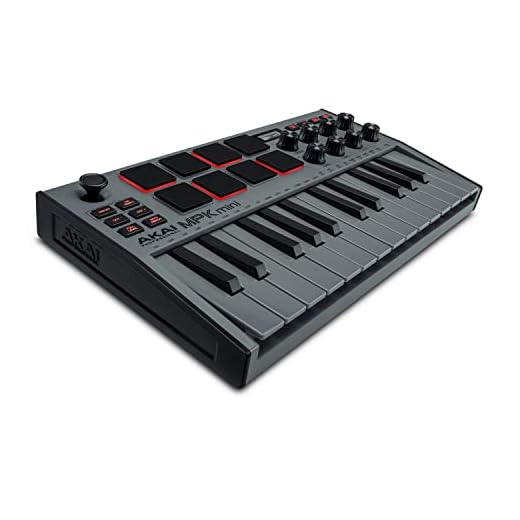 Akai Professional MPK Mini MK3 - Teclado Controlador MIDI USB de 25 Teclas con 8 Drum Pads, 8 Perillas, Software de Producción Musical y Native Instruments Sound Package (NKS Integration), Gris