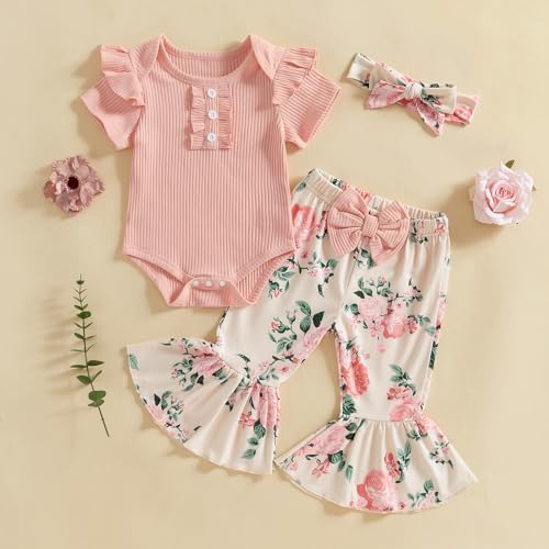 Baby Girl Summer Clothes Ruffle Sleeve Romper Jumpsuit Toddler Bell Bottoms Floral Pants Set 3Pcs Headband Outfit2