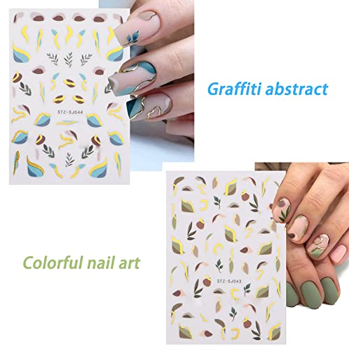 Baoximong 8 Sheets Nail Art Stickers Marble Wave Nail Decals Black Gold Stripe Line Nail Art Supplies 3D Self-Adhsive Nail Accessories Colorful Abstract Graffiti Design Nail Stickers For Women Nail Decorations #TOP4