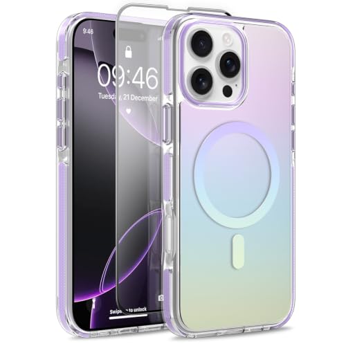 Image of Magnetic Case for iPhone 16 Pro Max [Compatible with Magsafe] [Anti-Yellowing] [1 Screen Protector] Slim Clear Iridescent Case for iPhone 16 Pro Max 6.9 inch 2024, Purple