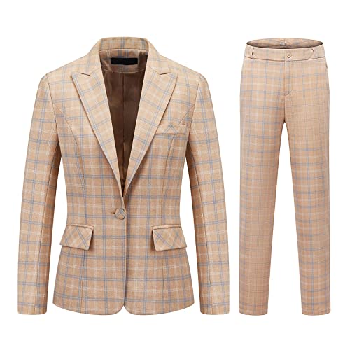 MODFUL Tailleur Femme Ensemble Pantalon Slim Fit 13 Pièces Costume Formelle Classique Bureau pour Business Veste et Pantalon Chic avec Double Boutonnage Bouton(Apricot,XS)