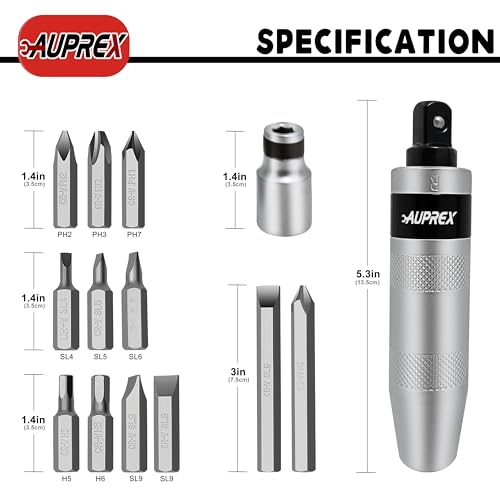 Image of AUPREX Manual Impact Screwdriver, 1 /2 inch Reversible Hand Impact Driver Set, Hammer Screwdriver with 12-Piece CR-V Slotted, Phillips, Hexagonal Bits Set for Removing Rusted Fasteners or Frozen Bolts