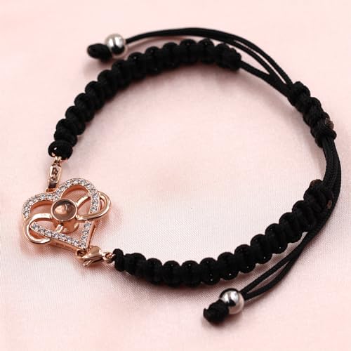 Image of 100 Languages I Love You Bracelet Necklace Heart Projection Bracelets Adjustable Braided Rope Friendship Love Gifts for Mom Best Friends