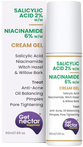 Get Nectar Happiness 2% Salicylic Acid 6% Niacinamide Acne Treatment Gel with Oil-Free for Active Acne, Pimples Oil Balancing, Pore Tightening & Brightens and Smoothens 50ml