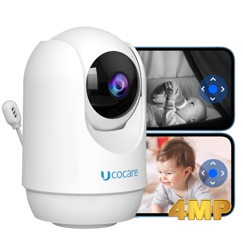 UCOCARE 4MP Baby Camera Monitor, Indoor Security Video Baby Monitor with Camera Mount, Auto Tracking, PTZ, Temp &Humidity, Motion & Crying Detection, Lullabies, Night Vision (White)