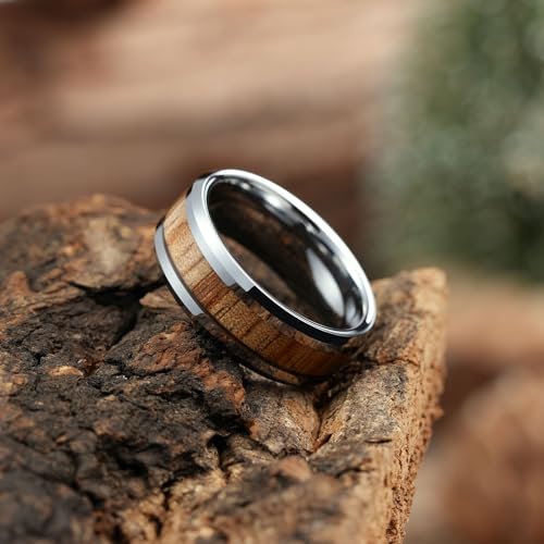Image of King Will Nature Koa Wood Inlay Tungsten Carbide Wedding Ring 8mm Silver /Black /Gold /Green /Rose Gold /Blue Wedding Band for Men High Polished Anniversary Rings Comfort Fit Size 6-15