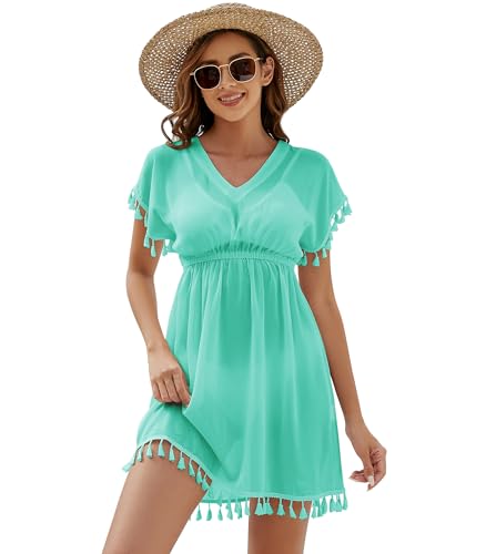 Onfettic Damen Strandkleid Sommer Badeanzug Strandtunika Chiffon Strandponcho Sommerkleider Bikini Cover mit V‑Ausschnitt (Grün, L)