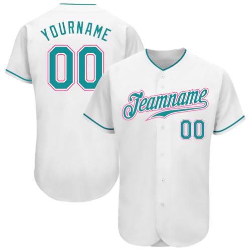 Generic White Teal Pink Baseball Jersey Women Men Youth Kids, Custom Baseball Jerseys Printed Stitched Name Number Logo Baseball Uniform