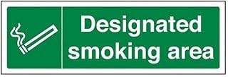 VSafety Designated Smoking Area Prohibition Sign - Landscape - 300mm x 100mm - 1mm Rigid Plastic