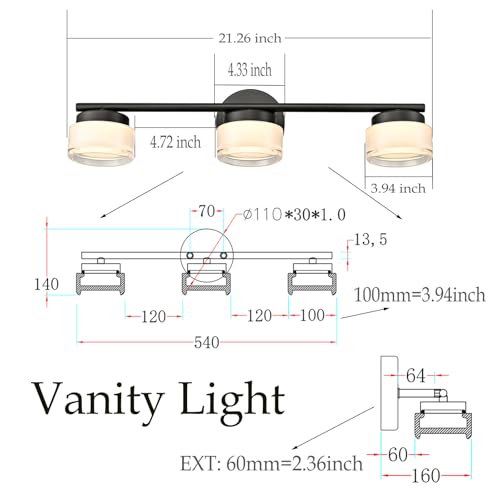 Image of Modern Black 3-Light LED Vanity Light with Acrylic Shade | 3000K Warm White Vanity Lights, Wall Sconces for Bathroom Bedroom Kitchen Living Room