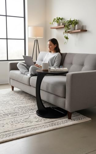 Image of Modern C-Shaped Side Table for Sofa & Bed | Black Laptop Snack Table | Space-Saving Couch Side End Table for Living Room Bedroom | Portable Coffee Table for Home Office (C Black)