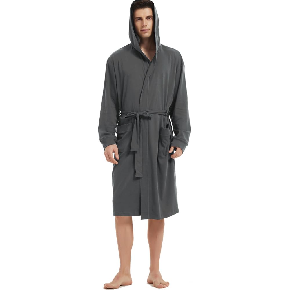 HOLOVE Men's Cotton Bathrobe Lightweight Kimono and Hooded Robes