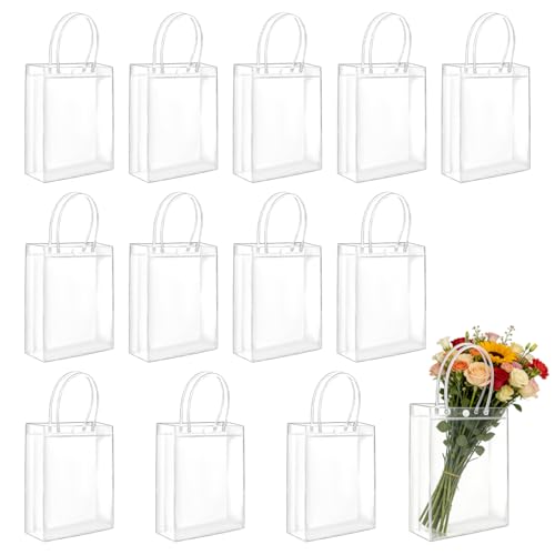 12 Piezas Bolsas de Regalo Transparentes con Asas, 23 x 17 x 6 cm Bolsa de Regalo Transparente de PVC Bolsas Transparentes para Envolver para Fiestas, Bodas, Cumpleaños y Compras