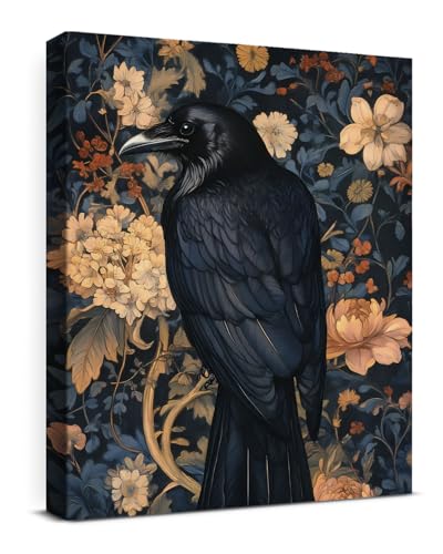 Aesthetic Raven Floral Wall Art Decor Vintage Raven Cottagecore Canvas Print Poster Dark Academia Framed Painting Wall Decoration for Home Farmhouse Living Room Bedroom 8x10 Inch
