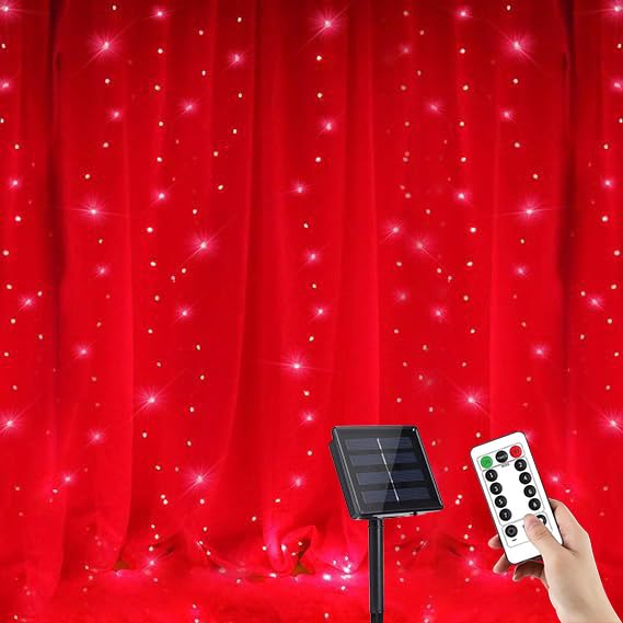 YUANYUYING Solar Curtain Lights, 3m x 1m 100 LED Outdoor Waterfall Lights with Remote & Timer, 8 Modes Cuttable, IP65 Waterproof for Garden, Gazebo, Wedding, Party Decor (red)
