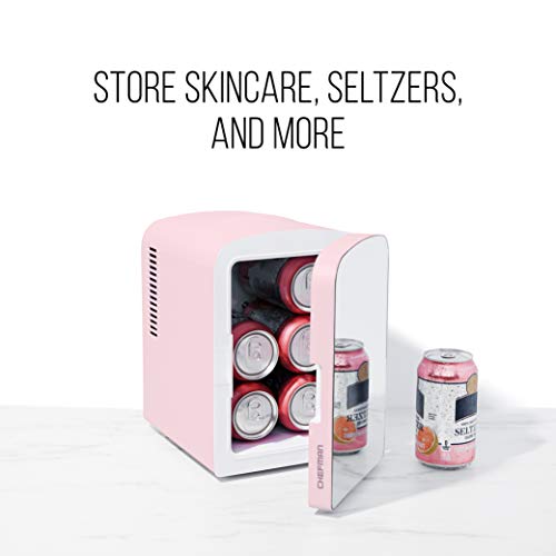 Chefman Portable Mirrored Personal Fridge 4 Liter Mini Refrigerator, Skin Care, Makeup Storage, Beauty, Serums And Face Masks, Small For Desktop Or Travel, Cool & Heat, Cosmetic Application, Pink #TOP2