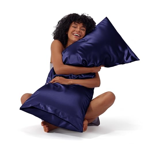 Image of Bedsure Body Pillow Cover 20x54 Inches - Navy Satin Similar to Silk Pillowcase for Hair and Skin, Cooling and Silky Long Body Pillow Pillowcase for Adults with Envelope Closure, Gifts for Women Men