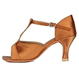 HIPPOSEUS Zapatos de Baile Latino con Correa en T para Mujer Zapatos de práctica de Baile de salón de satén,Marrón,38 EU